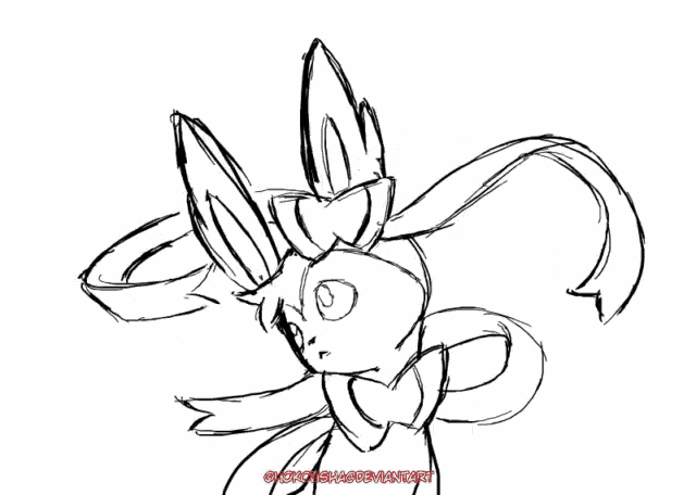 a black and white drawing of a rabbit with a flower on its head and the word pokemon on the bottom