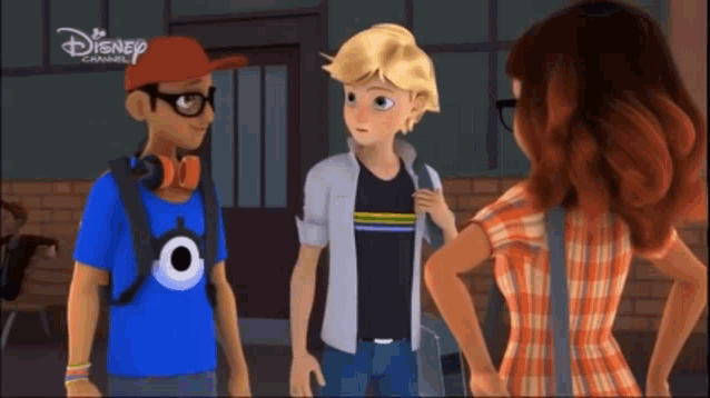 three cartoon characters are standing next to each other in front of a brick building .