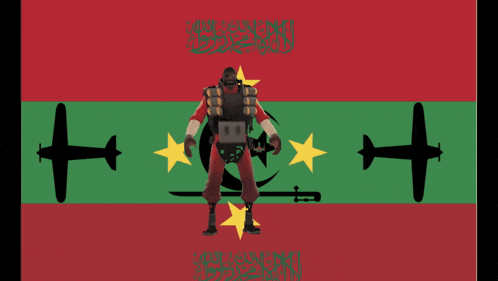 a soldier is standing in front of a flag with planes and stars on it