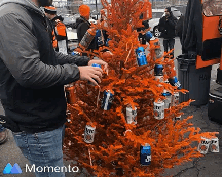 a man decorates an orange christmas tree with blue ribbons and bud light cans