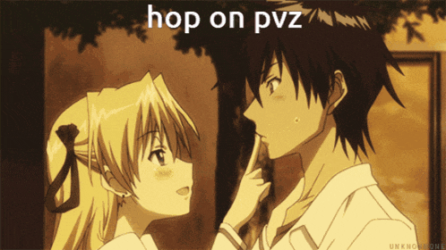a couple of anime characters with the words hop on pvz on top