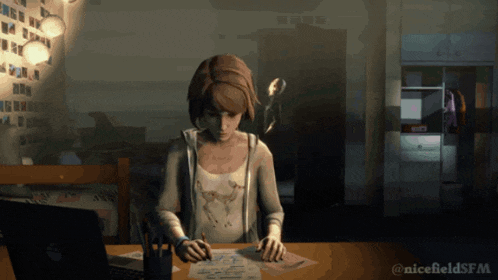 a woman sits at a desk in front of a laptop with the hashtag nicefieldsfm on the bottom right