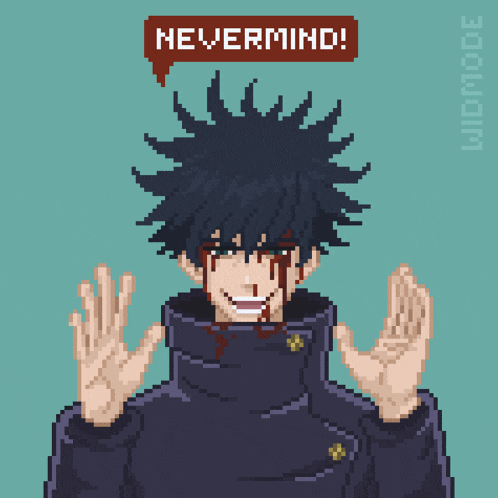 a pixel art of a man with blood coming out of his eyes and a speech bubble saying nevermind