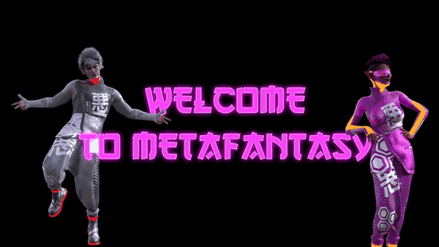 two people are dancing in front of a sign that says welcome metafantasy