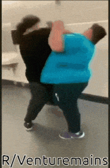 two women are dancing in a hallway with the words r / venturemains in the corner
