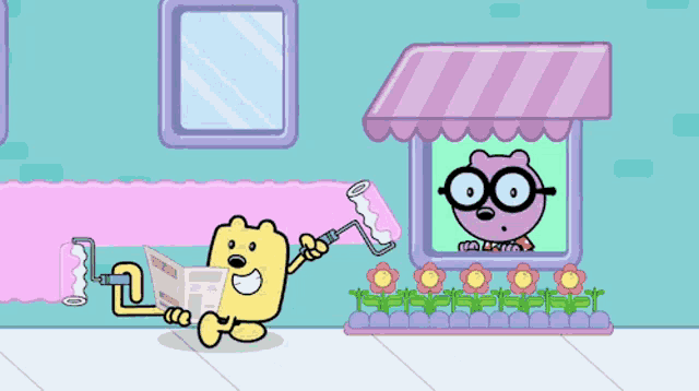 a cartoon character is holding a paint roller and reading a book