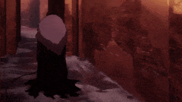 a man in a cape is walking down a narrow alleyway with a winged monster behind him