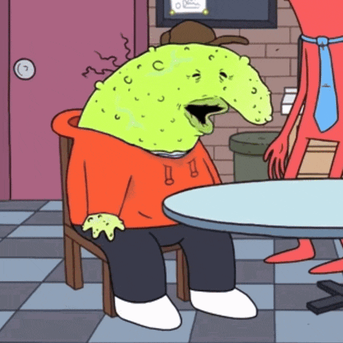 a cartoon character is sitting at a table with a green head