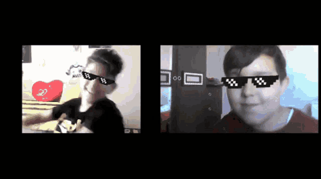 two boys wearing sunglasses on a video call with a red heart in the background