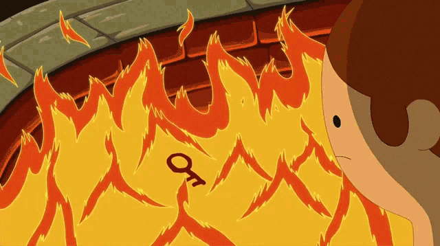 a cartoon drawing of a person looking at a fire with a key on it