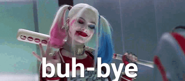 a woman in a harley quinn costume is holding a bat and a knife .