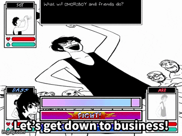 a black and white cartoon of a man in a tank top with the words let 's get down to business on the bottom