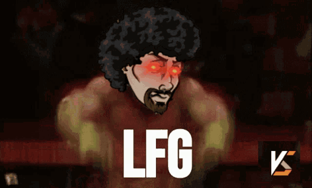 a cartoon of a man with red eyes and the word lfg in white