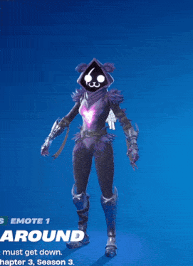 a video game character with a purple outfit and a bear head