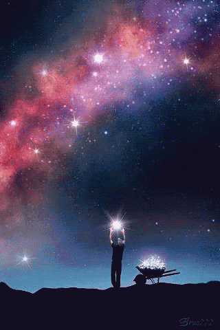 a painting of a man holding a light in front of a starry sky