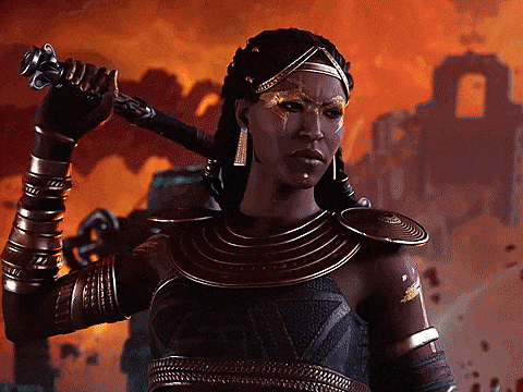 a woman is holding a sword in front of a burning city