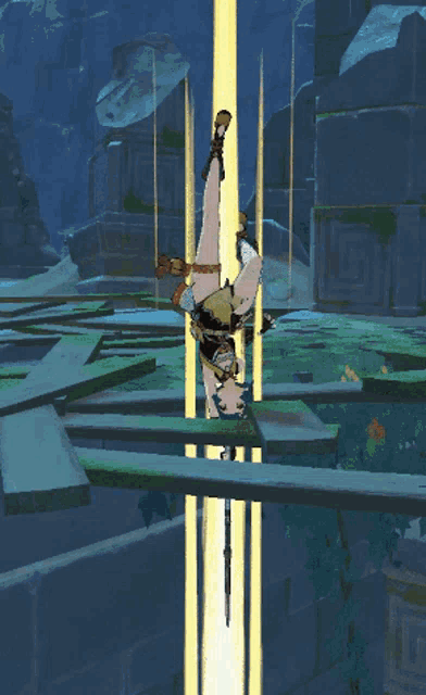 a video game character is upside down in the air
