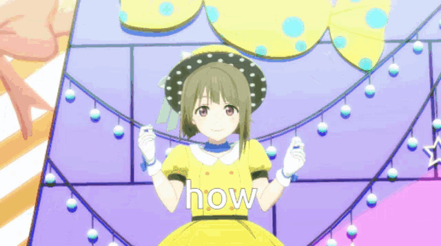 a girl in a yellow dress with the word how on the bottom