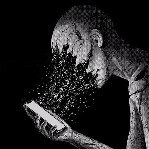 a black and white drawing of a person holding a cell phone in their hand