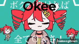 a cartoon drawing of a girl with red hair and the word okee on it