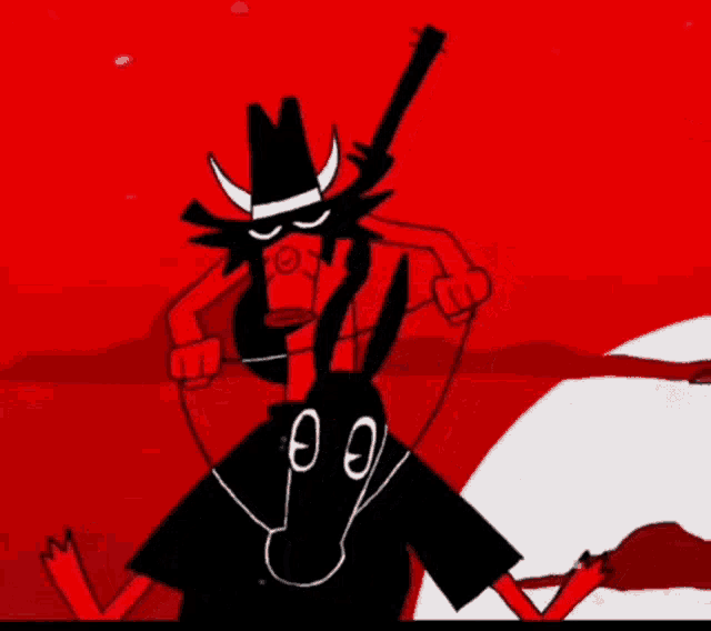 a cartoon character is riding on the back of a donkey with a guitar .