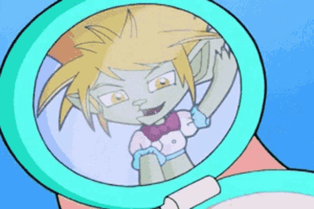 a cartoon character is looking at himself in a small mirror