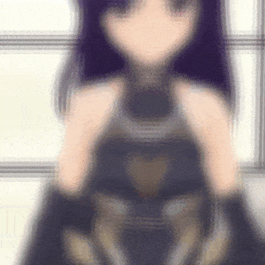 a blurry picture of a girl with purple hair and gloves