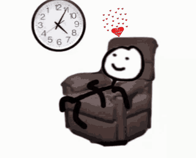 a stick figure is sitting in a recliner under a clock that shows the time as 5:05