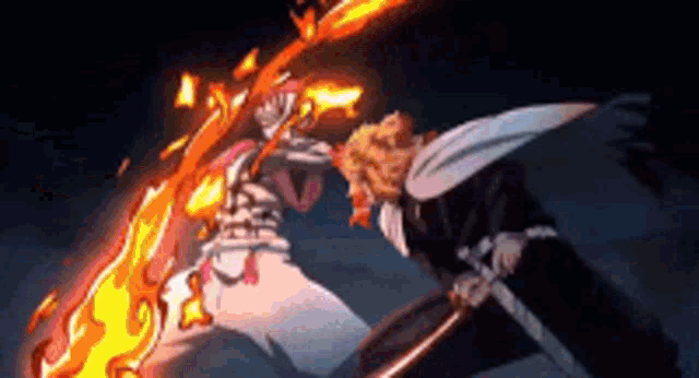 a couple of anime characters are fighting each other with fire coming out of their hands .