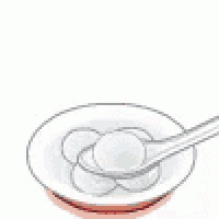 a girl is sitting in a bowl of soup with a spoon .