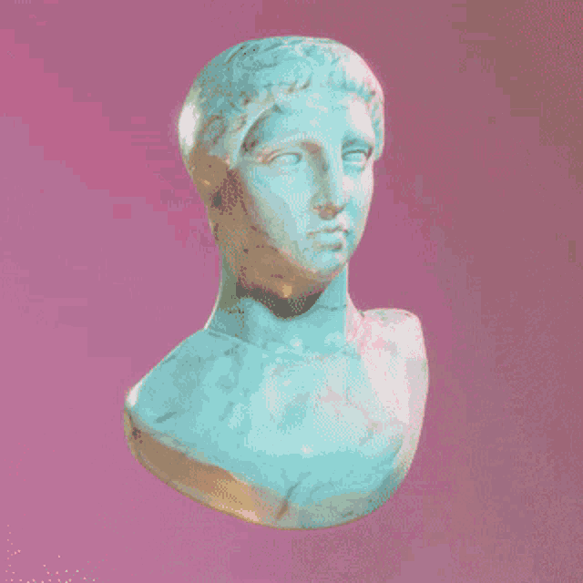 a pink statue of a man 's head is against a pink background