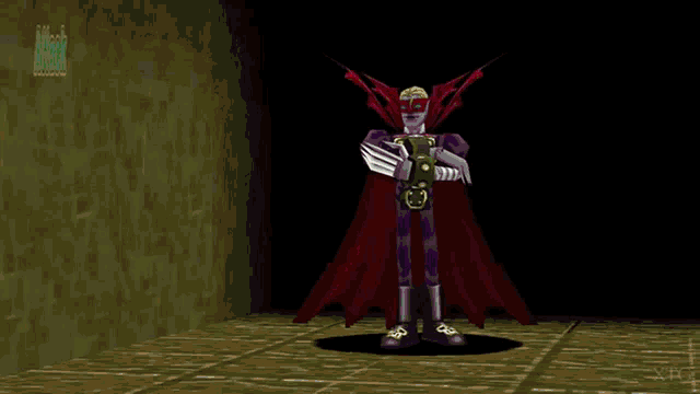 a video game character is surrounded by purple monsters and a red object with the letter c on it