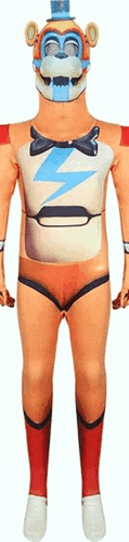 a person is wearing a five nights at freddy 's costume with a lightning bolt on their chest .