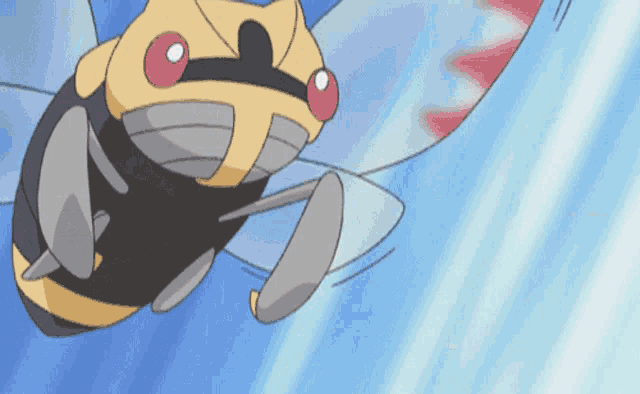 a cartoon bee is flying through the air with a blue background .