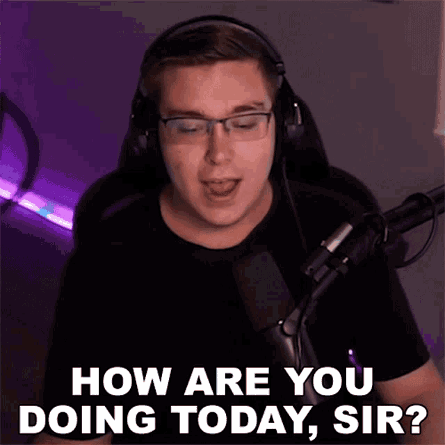 a man wearing headphones and glasses is talking into a microphone and asking how are you doing today sir