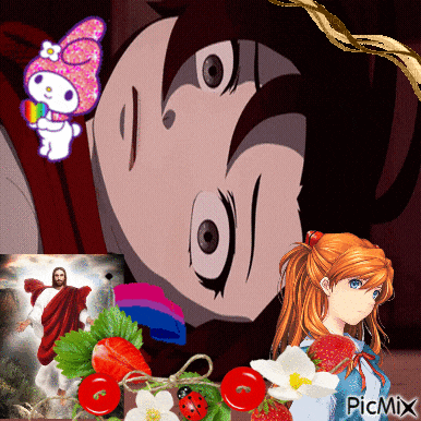 a picture of jesus surrounded by strawberries and a ladybug with the words picmix on the bottom