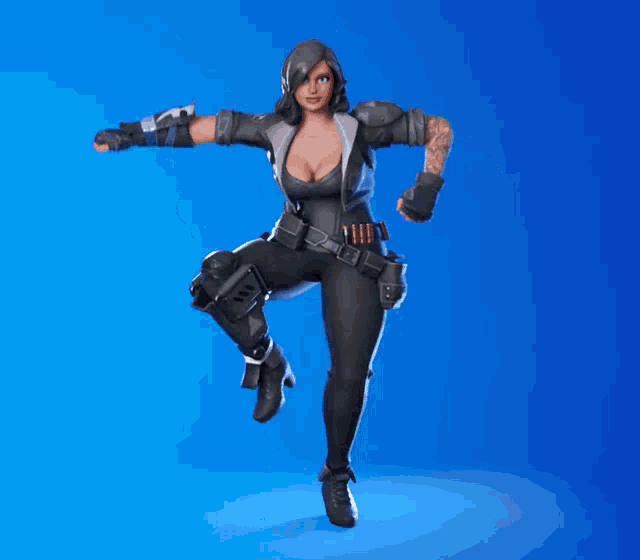a female video game character is jumping in the air with her arms outstretched
