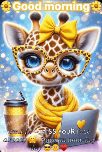 a giraffe wearing glasses and a yellow bow has a good morning message