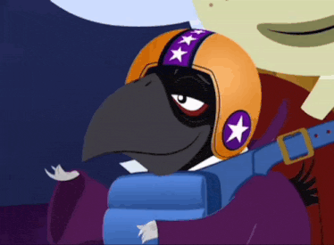 a cartoon character wearing a helmet with purple stars on it