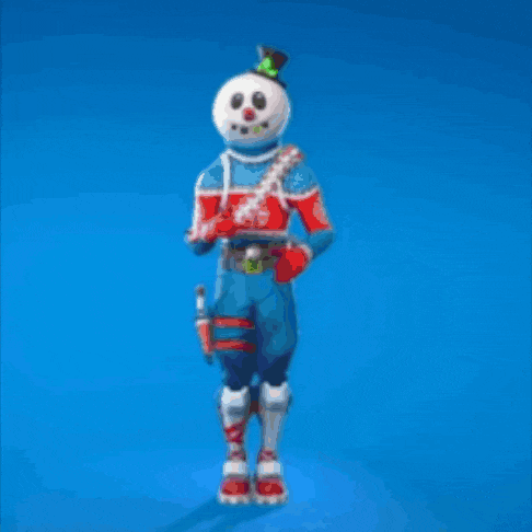 a snowman with a top hat and mittens is dancing on a blue background .