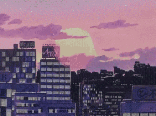 a city skyline with a purple sky and a sign that says may