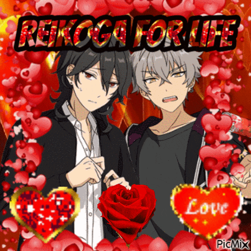 a picture of two anime characters surrounded by hearts and the words " rekoca for life " on top
