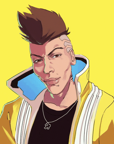 a drawing of a man wearing a yellow jacket and a puzzle piece necklace