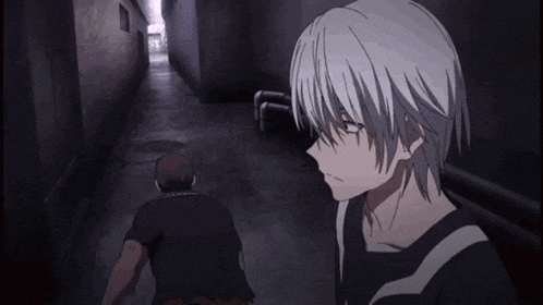 a man with white hair is standing in a dark alley