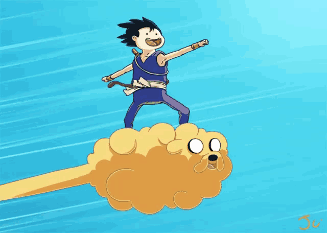 a cartoon of a man and a dog on a cloud