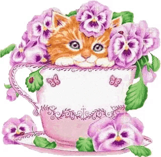 a cat is sitting in a cup with purple flowers and butterflies