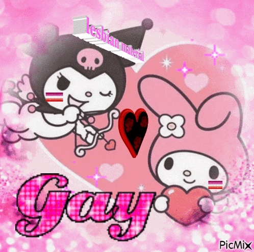 a picture of kuromi and my melody with the name gay on the bottom