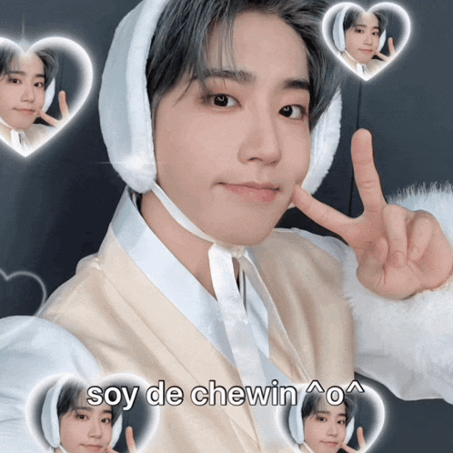 a boy wearing ear muffs is surrounded by hearts and the caption soy de chewin