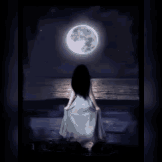 a woman in a blue dress is standing on a beach looking at the full moon