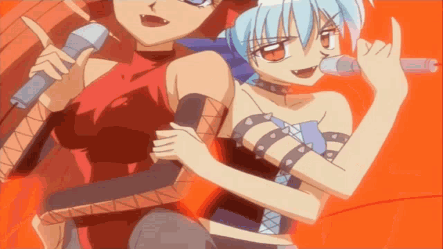 two anime girls are singing into microphones and one has a devil horn on her head